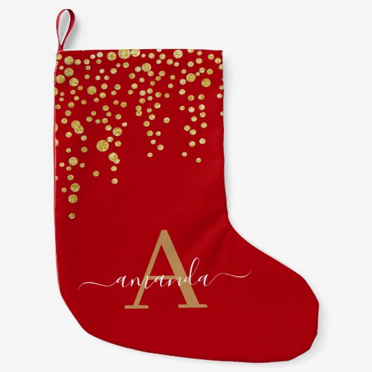 Gold Glitzer Confetti Mit Monogramm Skriptname Rot Kleiner Weihnachtsstrumpf (Vorderseite)
