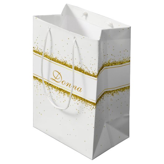 Gold Glitzer Confetti Name - Mittlere Geschenktasc Geschenktüte (Vorderseite Schrägansicht)