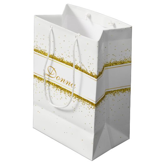 Gold Glitzer Confetti Name - Mittlere Geschenktasc Mittlere Geschenktüte (Rückseite Schrägansicht)