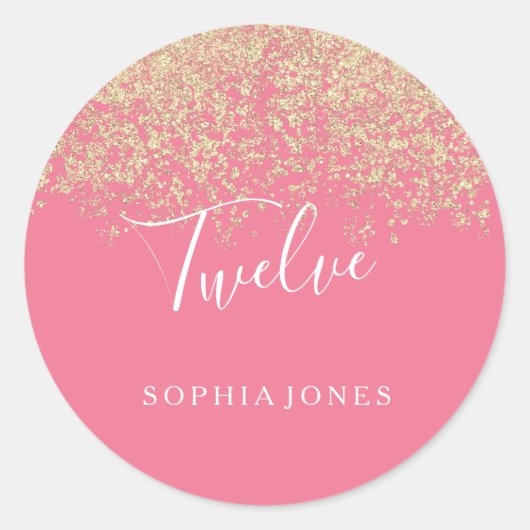 Gold Glitzer Confetti Pink 12. Geburtstagsparty Runder Aufkleber (Vorderseite)