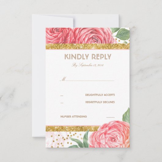 Gold Glitzer Confetti Pink Floral Wedding RSVP Karte (Vorderseite)