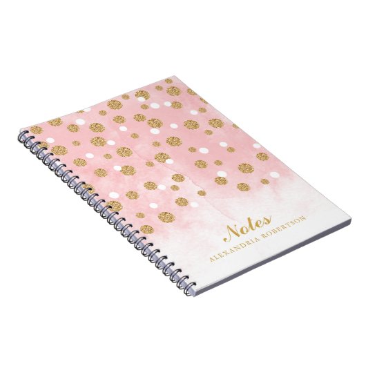 Gold Glitzer Confetti Punkte auf rosa Wasserfarbe Notizblock (Rechte Seite)