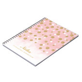 Gold Glitzer Confetti Punkte auf rosa Wasserfarbe Notizblock (Linke Seite)
