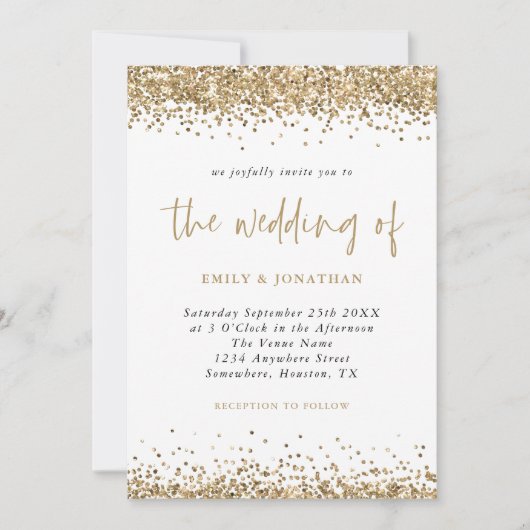 Gold Glitzer Confetti QR Code Script Hochzeit Einladung (Vorderseite)