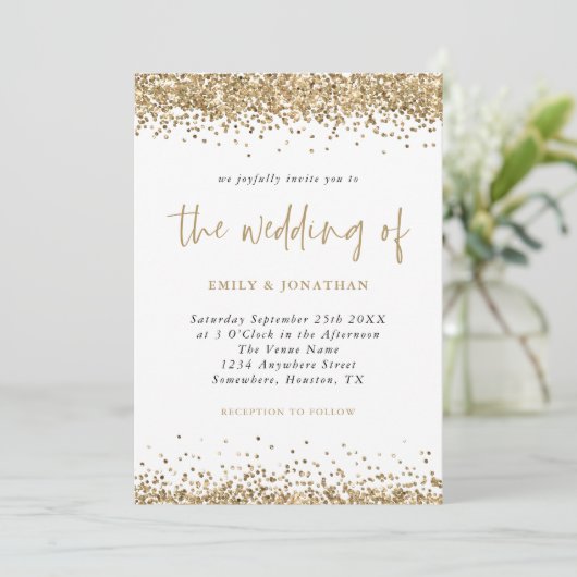 Gold Glitzer Confetti QR Code Script Hochzeit Einladung (Stehend Vorderseite)