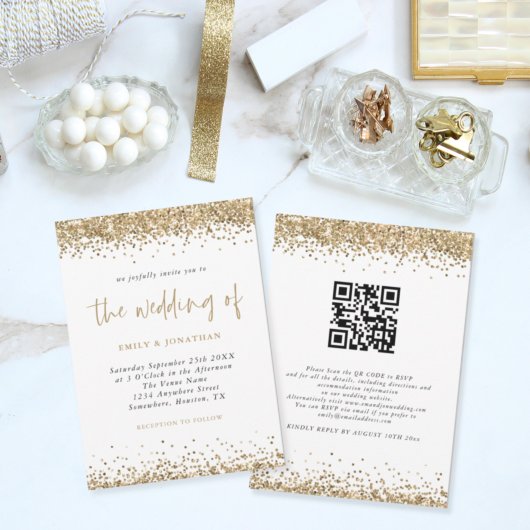 Gold Glitzer Confetti QR Code Script Hochzeit Einladung
