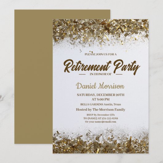 Gold Glitzer Confetti Retirement Party 2024 Einladung (Vorne/Hinten)