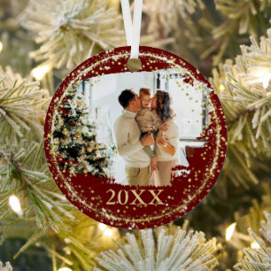 Gold Glitzer Confetti Rote Familie Foto Weihnachte Ornament Aus Metall