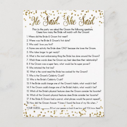 Gold Glitzer Confetti sagte er sagte, sie sagte Du Postkarte (Vorderseite)