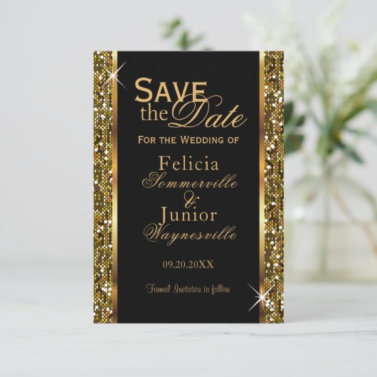 Gold Glitzer Confetti Save The Date (Stehend Vorderseite)