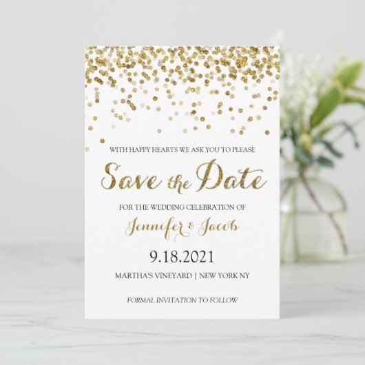 Gold Glitzer Confetti Save the Date Einladung (Stehend Vorderseite)