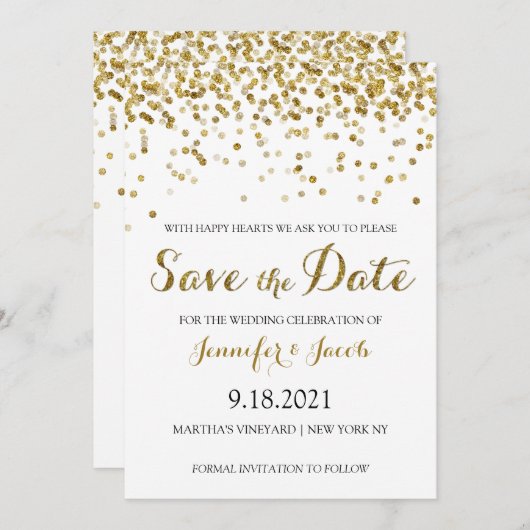 Gold Glitzer Confetti Save the Date Einladung (Vorne/Hinten)