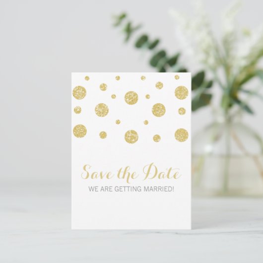 Gold Glitzer Confetti Save the Date Postkarte (Stehend Vorderseite)