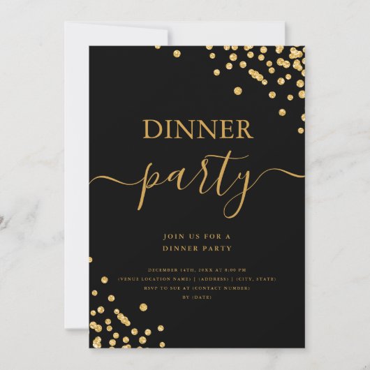 Gold Glitzer Confetti Script Dinner Party Black Einladung (Vorderseite)