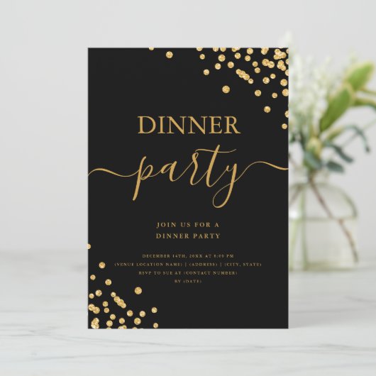 Gold Glitzer Confetti Script Dinner Party Black Einladung (Stehend Vorderseite)