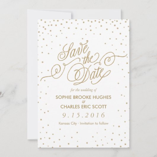 Gold Glitzer Confetti Stars Save the Date Extravag (Vorderseite)