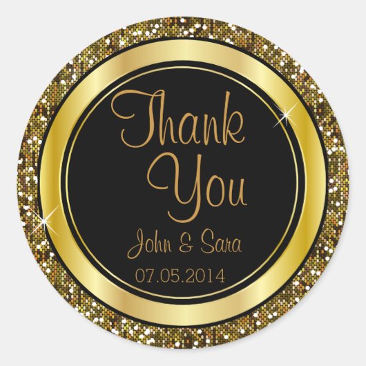 Gold Glitzer Confetti und Black Elegante Runder Aufkleber (Vorderseite)