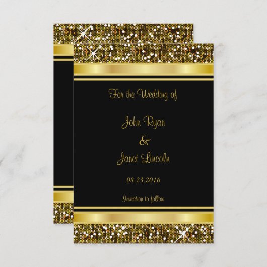 Gold Glitzer Confetti und Black Elegante Save The Date (Vorne/Hinten)