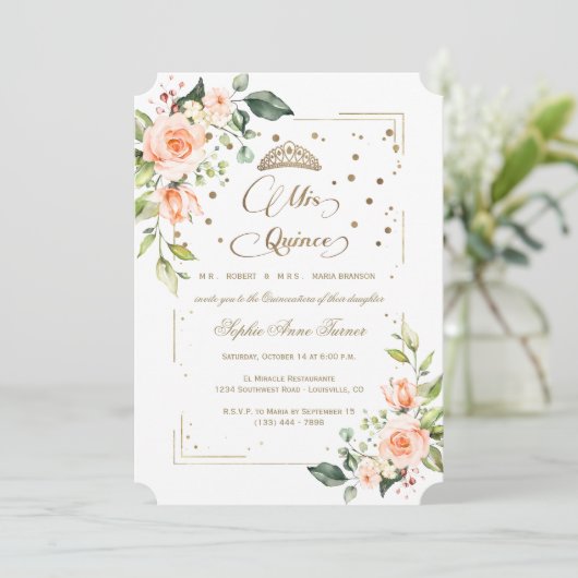 Gold Glitzer Coral Floral Mis Quince Quinceañera Einladung (Stehend Vorderseite)