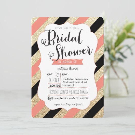 Gold Glitzer & Coral Stripes Brautparty Einladung (Stehend Vorderseite)
