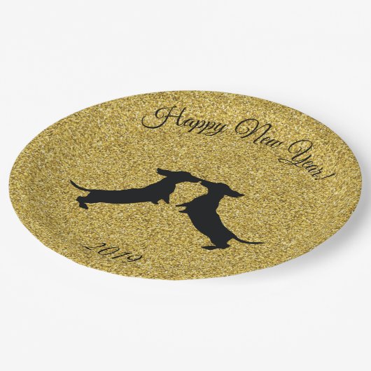 Gold Glitzer Dackel Frohes Neues Jahr Party Teller (Schrägansicht)
