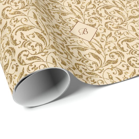 Gold Glitzer Damask Muster Mit Monogramm Weihnacht Geschenkpapier (Rolleneckpunkt)