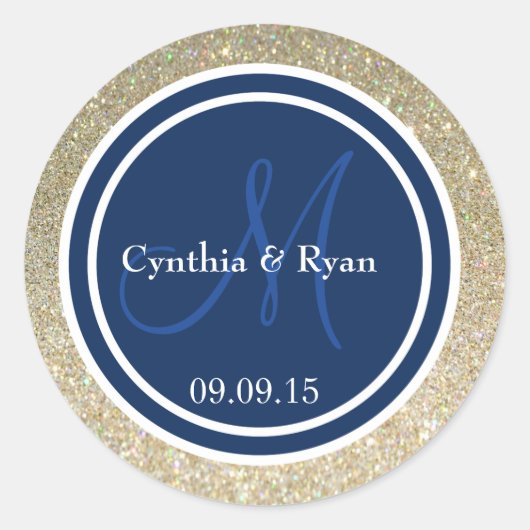 Gold Glitzer & Dark Navy Blue Wedding Monogram Runder Aufkleber (Vorderseite)