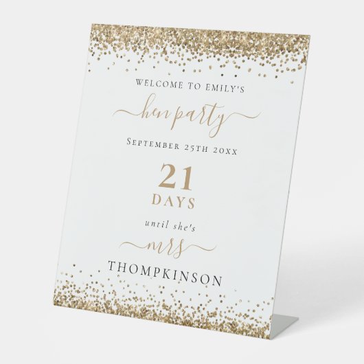 Gold Glitzer Days bis Mrs. Name Willkommen Hen Do Sockelschild (Vorderseite)