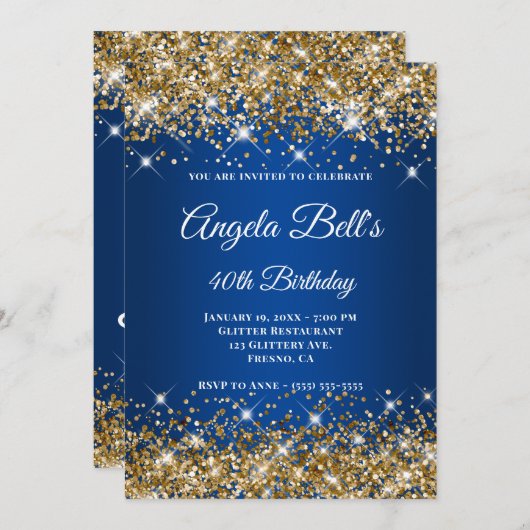 Gold Glitzer Deep Blue Ombre Extravagant Monogram Einladung (Vorne/Hinten)