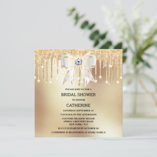 Gold Glitzer Diamant Weißbuschimmer-Lichter Einladung (Stehend Vorderseite)