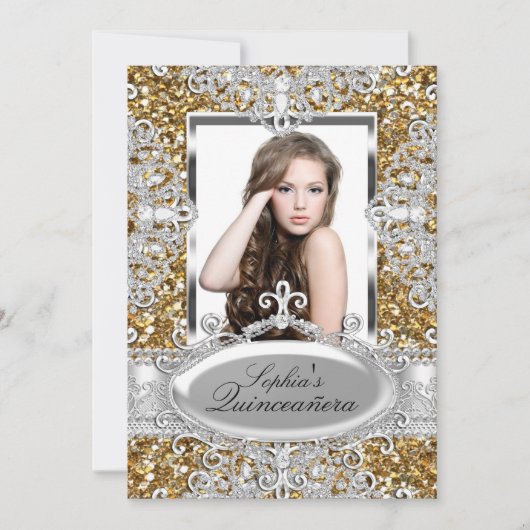 Gold Glitzer Diamond Glamour Quinceanera Einladung (Vorderseite)