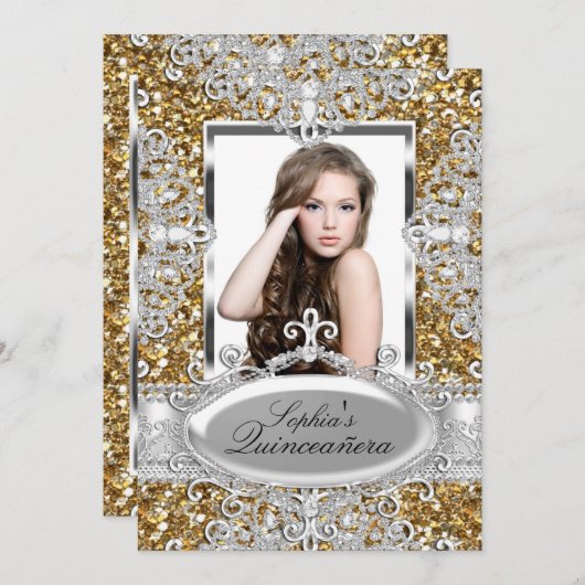 Gold Glitzer Diamond Glamour Quinceanera Einladung (Vorne/Hinten)