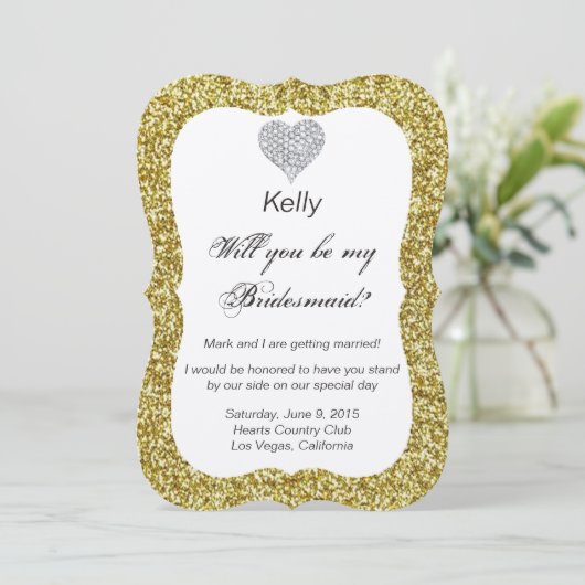 Gold Glitzer Diamond Heart Bridesmaid Card Einladung (Stehend Vorderseite)