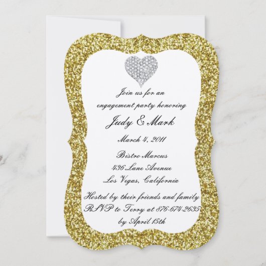 Gold Glitzer Diamond Heart Engagement Party einlad Einladung (Vorderseite)