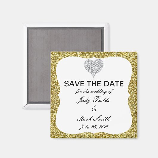 Gold Glitzer Diamond Heart speichern Datum Magnet (Vorderseite/Rückseite)