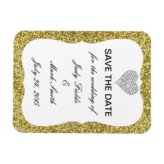 Gold Glitzer Diamond Heart speichern Datum Magnet (Horizontal)