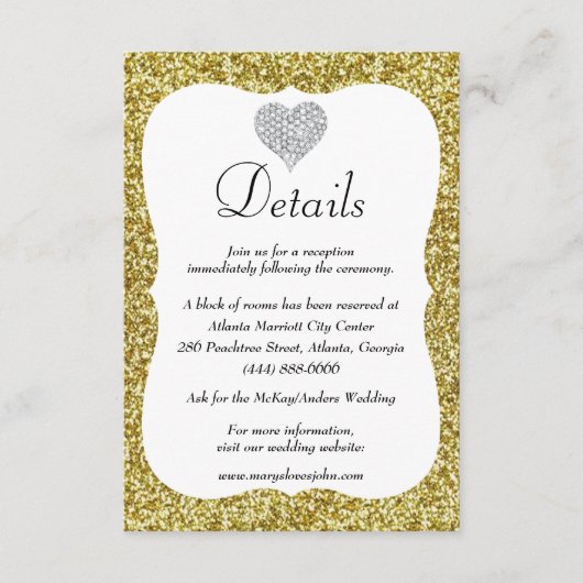 Gold Glitzer Diamond Heart Wedding Details Begleitkarte (Vorderseite)