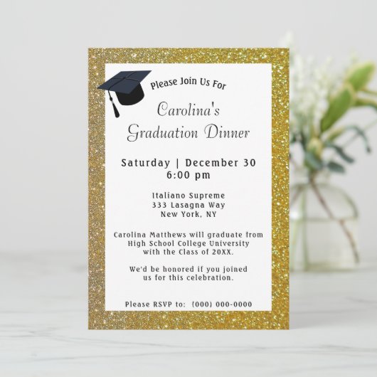 Gold Glitzer Dinner Weißer Abschluss Einladung (Stehend Vorderseite)