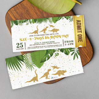 Gold Glitzer Dinosaur Forest Ticket Pass Einladung