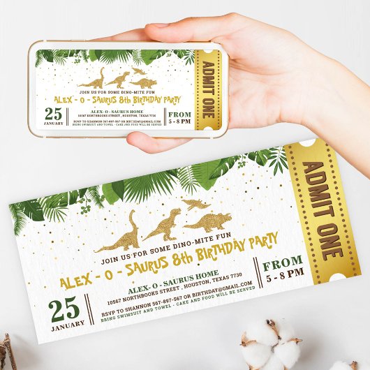 Gold Glitzer Dinosaur Forest Ticket Pass Einladung