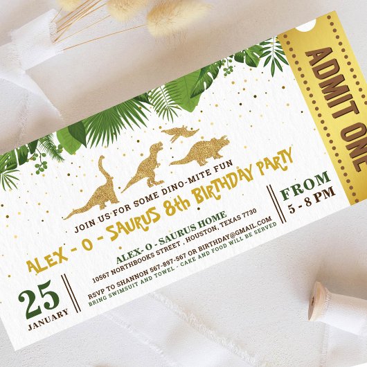 Gold Glitzer Dinosaur Forest Ticket Pass Einladung