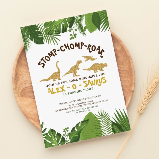 Gold Glitzer Dinosaurier Tropenwald Geburtstag Einladung