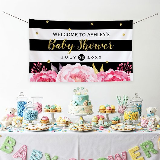 Gold Glitzer Dots Floral Stripes Baby Dusche Party Banner