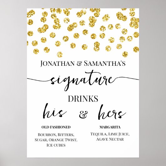 Gold Glitzer Dots Signature Drinks Hochzeit Poster (Vorne)
