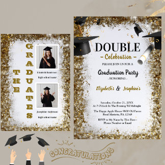 Gold Glitzer Double Abschluss Zwei Foto Absolvente Einladung