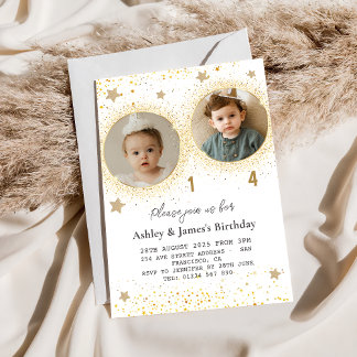 Gold Glitzer Double Birthday Kids Foto Einladung