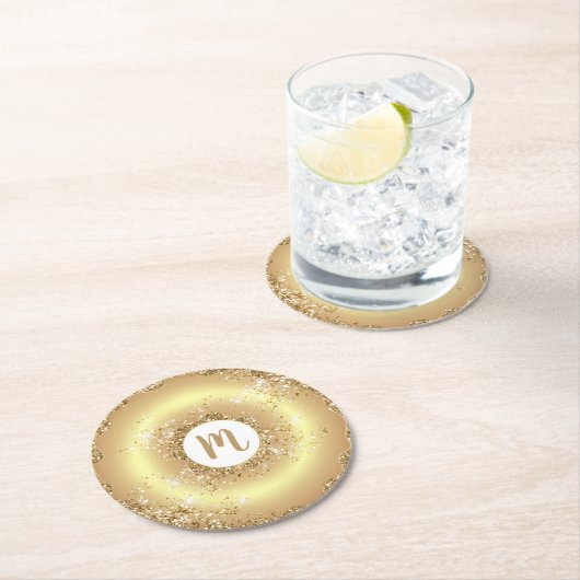 Gold Glitzer Dounut Monogramm Skript fett Luxus Runder Pappuntersetzer (Vor Ort)