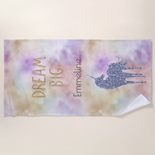 Gold Glitzer Dream Big Unicorn Personalisierter Na Strandtuch (Vorderseite)