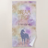 Gold Glitzer Dream Big Unicorn Personalisierter Na Strandtuch (Vorderseite)