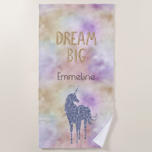 Gold Glitzer Dream Big Unicorn Personalisierter Na Strandtuch (Vorderseite)